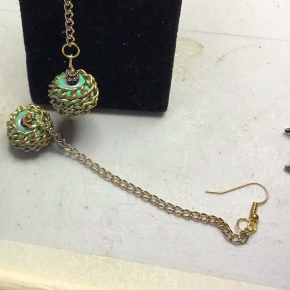 Fish hook earwire earrings 5” long w/gold metal chain & chain wrapped large bead - Picture 5 of 6